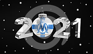Happy new Year 2021, flag Football Club Olympique de Marseille on a christmas toy, decorations isolated on dark background.
