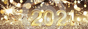 Happy New Year 2021. Golden Background with Confetti