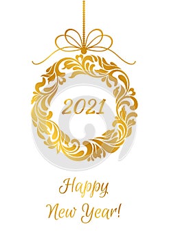 Happy New Year 2021. Golden Christmas wreath of abstract flowers with numbers 2021 inside isolated on a white background.