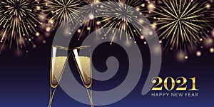 Happy new year 2021 golden firework and champagne glasses greeting card