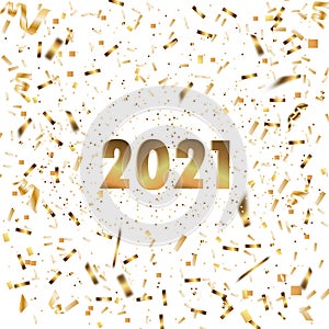 Happy New Year 2021. Golden numbers with ribbons and confetti on a white background. 2021 Happy new year. Christmas and