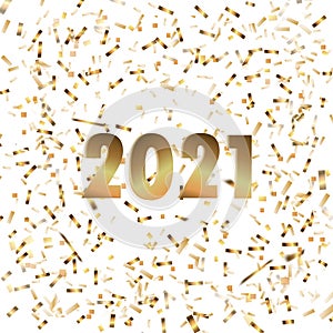 Happy New Year 2021. Golden numbers with ribbons and confetti on a white background. 2021 Happy new year. Christmas and