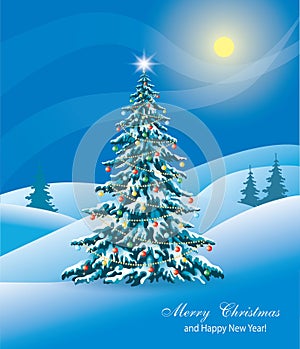 Happy New Year 2021. Greeting card, background Christmas tree on winter snowy night landscape. Vector illustration