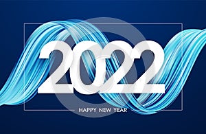 Happy New Year 2021. Greeting card with blue abstract twisted acrylic paint stroke shape. Trendy design.