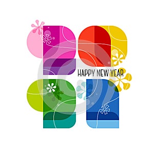 Happy New Year 2021 greeting card. Cute colorful numbers with abstract 60s vintage decoration isolated on white background