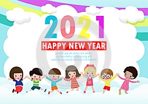 Happy New Year 2021 greeting card with group kids jumping on sky and cloud, happy children with Happy new year, Colorful backgroun