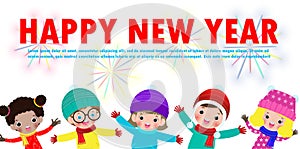 Happy New Year 2021 greeting card with group kids wearing winter hats and jumping, happy children with Happy new year, firecracker