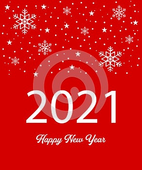 Happy New Year 2021 greeting card, invitation card with white snowflakes on red isolated background