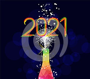 Happy new year 2021 greeting card or poster design with colorful triangle champagne explosion