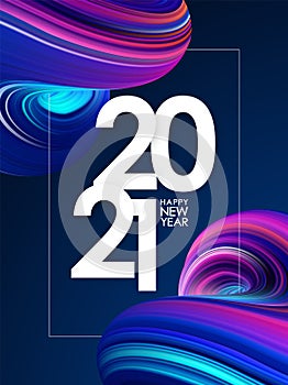 Happy New Year 2021. Greeting poster with 3D Neon colored abstract twisted fluide shape. Trendy design