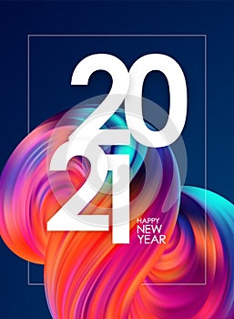 Happy New Year 2021. Greeting poster with colorful abstract fluid shape. Trendy design