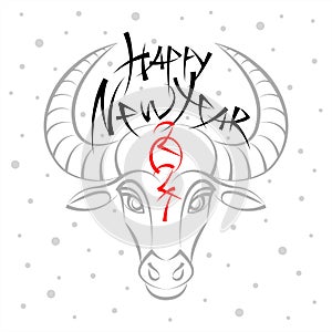Happy New Year 2021 lettering, bull head drawing