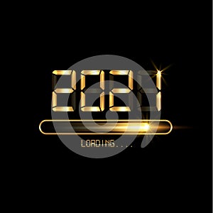 Happy new year 2021 with loading icon in flat gold led neon digital time style. Progress bar almost reaching new year`s eve Vector