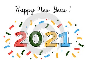 Happy new year 2021 and Merry Christmas greeting card. Colorful liner icons and confetti on white background. Geometric