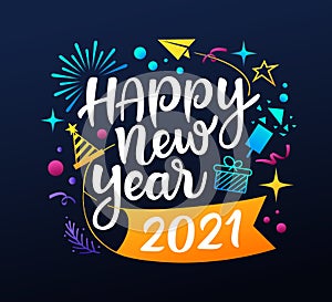 Happy new year 2021 message with icons colorful design on black background