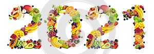 Happy New Year 2021. Number 2021 made of tropical and exotic fruits