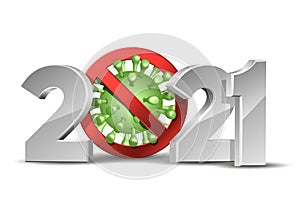 Happy New Year 2021 number with coronavirus COVID-19 epidemic stop sign.
