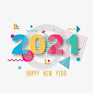 Happy New Year 2021. Paper 3d numbers on a white abstract background. Geometric colored shapes.Vector illustration.