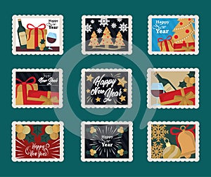 Happy new year 2021, postage stamp icons set with wine bottle, trees, gifts and more