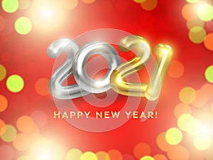 Happy New Year 2021. Realistic 2021 gold and silver numbers on red background with light flares and bokeh