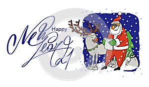 Happy New Year 2021. Santa Claus and reindeer. Santa Claus reads a letter . Christmas vector illustration for holiday invitations