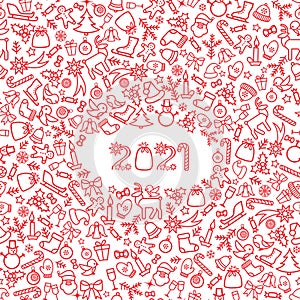 Happy New Year 2021. Snow winter holiday red background. Christmas greeting card with lettering