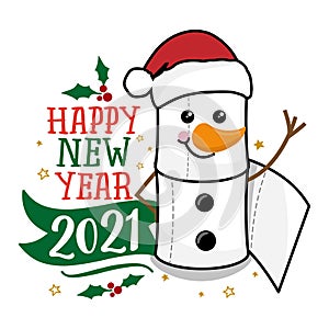 Happy new year 2021 - Snowman made of toilet paper rolls.