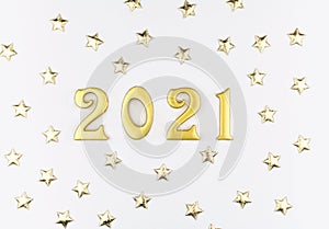 Happy New Year 2021. Sparkling gold numbers on white background with stars. object for design holiday greeting card