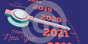 Happy new year 2021. A speedometer or clock hand indicating the arrival of the new year. Vector 3d illustration