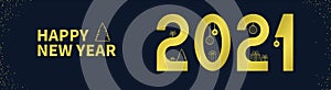 HAPPY NEW YEAR 2021 text. Gold numbers, spruce, balls on a dark background. Horizontal banner template for your holiday