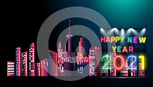 Happy new year  2021 text - Neon style Colorful - Building in the city -  modern Idea and Concept Vector illustration