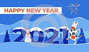 Happy New Year 2021 Vector greeting illustration with cow and snowman