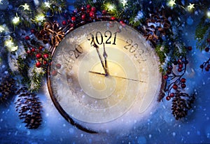 A Happy New Year 2021 winter holiday greeting card design. Party poster, banner or invitation background with snow clocks and