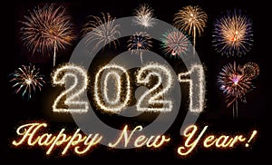 Happy New Year 2021 Written In Gold Fireworks Text