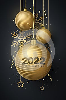 Happy New Year 2022 background with Christmas decorations of golden hanging balls, confetti, tinsel, snowflakes, stars. Festive