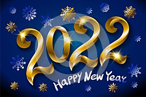 Happy new year 2022 background. Golden shiny numbers with Snowflake on blue background. Holiday greeting card design. Vector