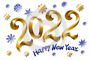 Happy new year 2022 background. Golden shiny numbers with Snowflake on white background. Holiday greeting card design. Vector