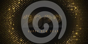 Happy New Year 2022 banner of black numbers with shimmering golden glitters on halftone background. Light effect. Luxurious cover