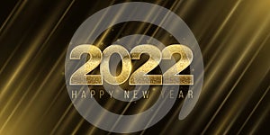 Happy New Year 2022 banner with golden, glitter numbers on abstract background of rays. Light effect. Luxurious cover. Elegant