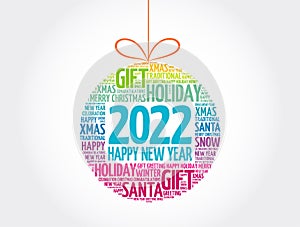Happy New Year 2022, Christmas ball word cloud, holidays lettering collage