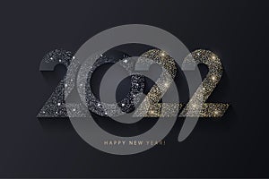 Happy New Year 2022 design with glittering black and gold numbers isolated on black background. Christmas banner, poster, card