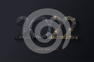 Happy New Year 2022 design. Modern 2022 glittering black and gold numbers isolated on black background