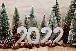 Happy New Year 2022 festive background with christmas tree and pine cone decoration on wooden background