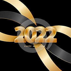 Happy new year 2022. Festive black background with golden numbers and ribbons. Vector illustration 3D.