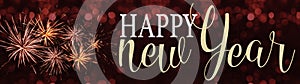 HAPPY NEW YEAR 2022 - Festive silvester background panorama greeting card banner long - Golden firework and bokeh lights on rustic