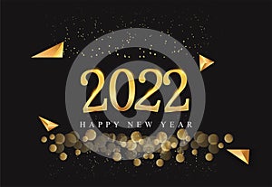 Happy New Year 2022 with glitter isolated on black background, text design gold colored, vector elements for calendar and greeting
