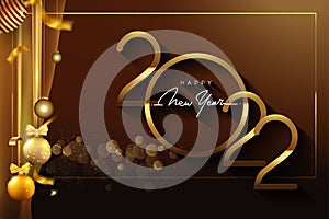 Happy New Year 2022 with glitter isolated on black background, text design gold colored, vector elements for calendar and greeting