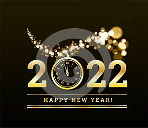 Happy New Year 2022 with gold particles and a clock in the number zero. golden illustration