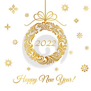 Happy New Year 2022. Golden Christmas wreath of abstract flowers with numbers 2021 inside isolated on a white background