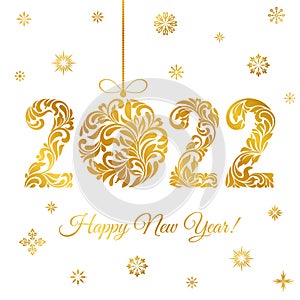 Happy New Year 2022. Golden figures and Christmas ball from a floral ornament with isolated on a white background with snowflakes